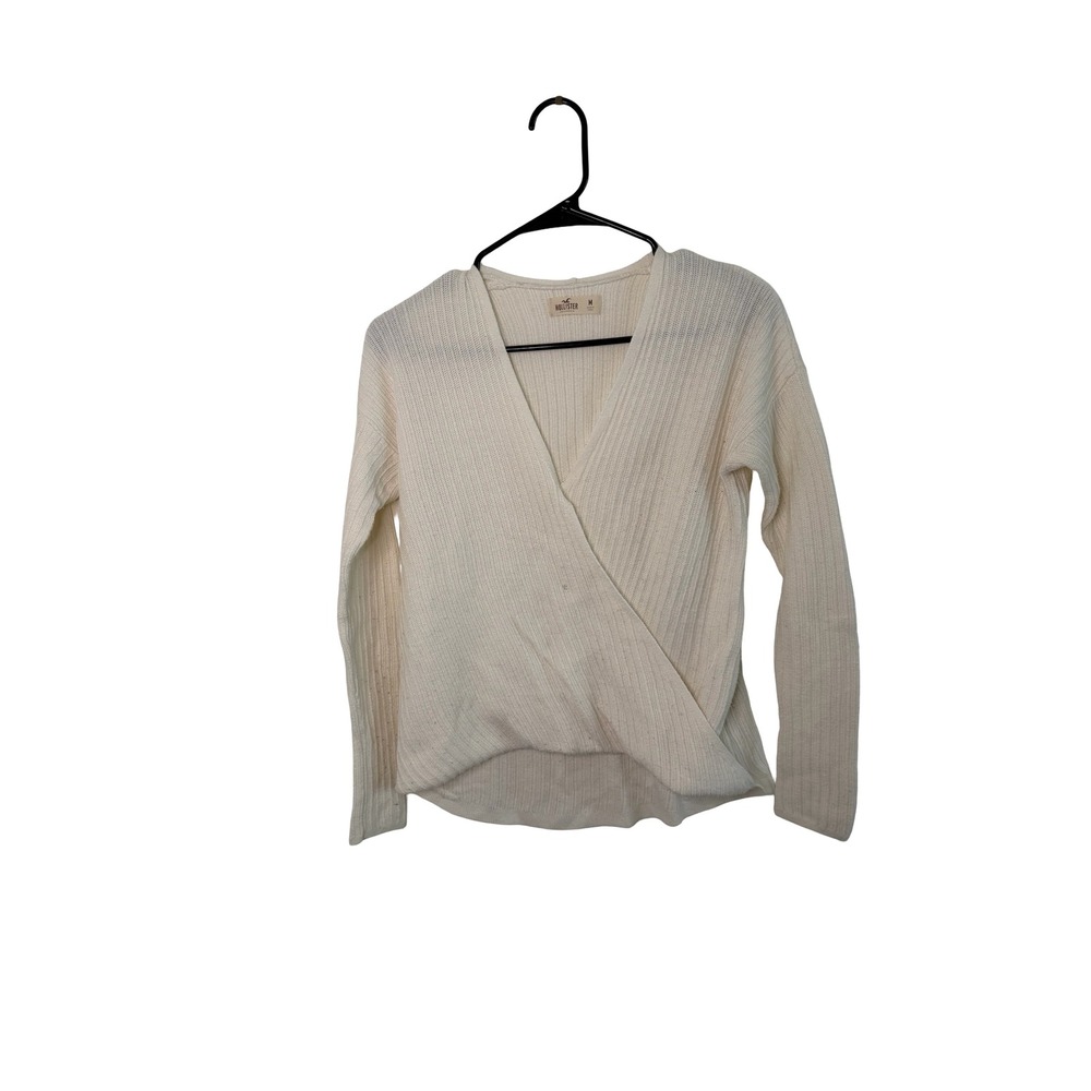 Hollister Womens Ribbed Surplice V-Neck Long Sleeve Wrap Sweater Cream Medium